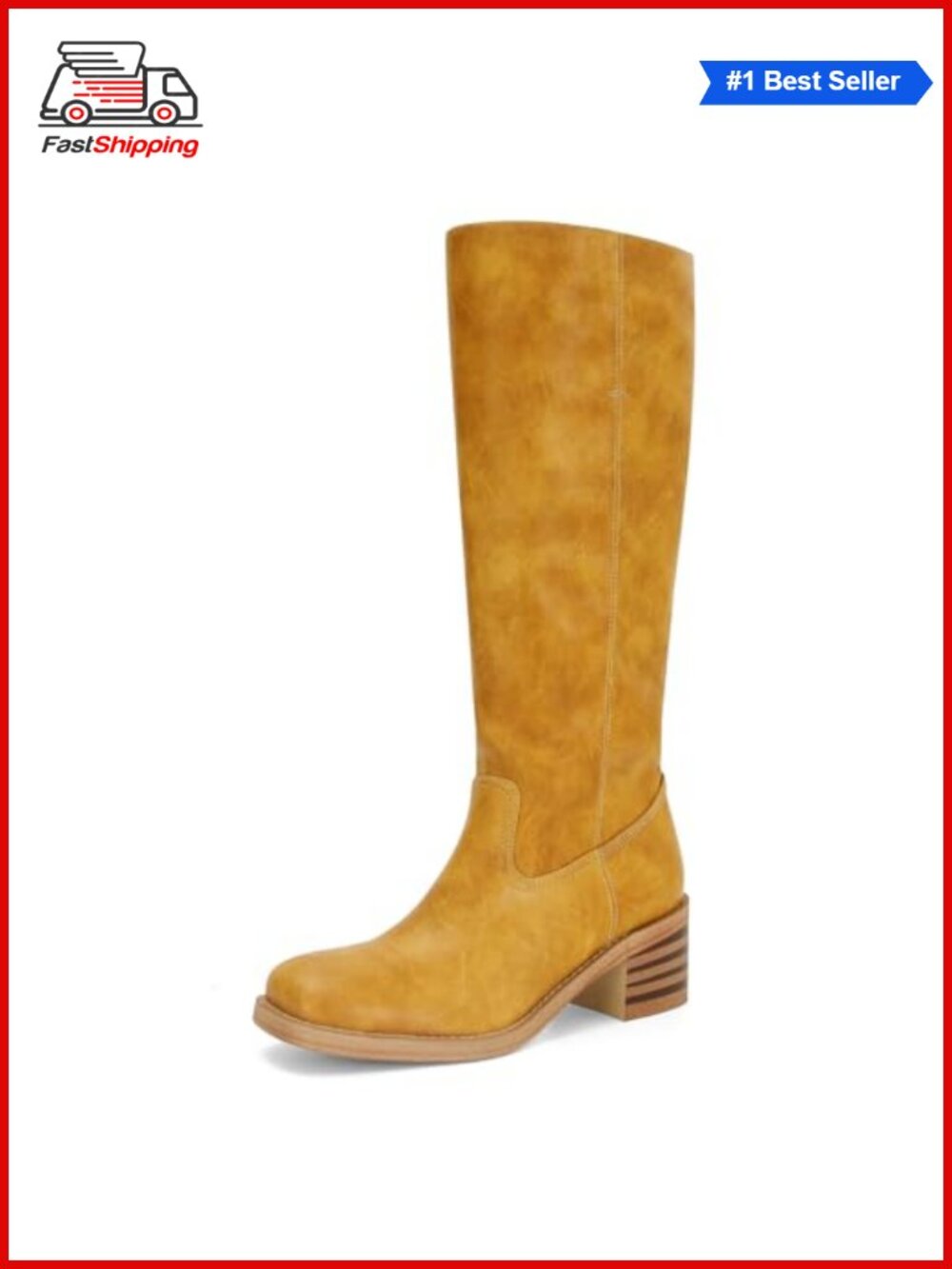 Womens Wide Calf Knee High Boots Square Toe Block Heel Pull On Riding Boots